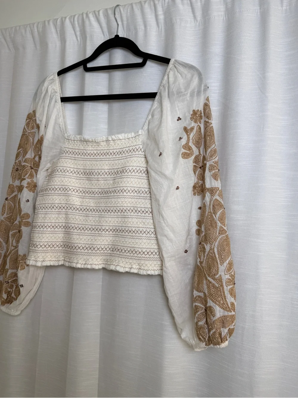 Anthropologie Embroidered Smocked Puff Sleeve Top Ivory | Size XS